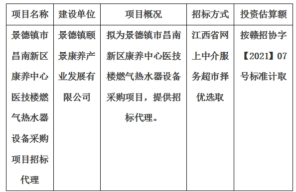 景德鎮(zhèn)市昌南新區(qū)康養(yǎng)中心醫(yī)技樓燃?xì)鉄崴髟O(shè)備采購項目招標(biāo)代理計劃公告