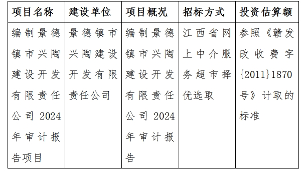 編制景德鎮(zhèn)市興陶建設(shè)開(kāi)發(fā)有限責(zé)任公司2024年審計(jì)報(bào)告項(xiàng)目計(jì)劃公告