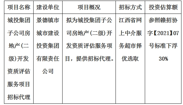 城投集團(tuán)子公司房地產(chǎn)(二級)開發(fā)資質(zhì)評估服務(wù)項(xiàng)目招標(biāo)代理計(jì)劃公告