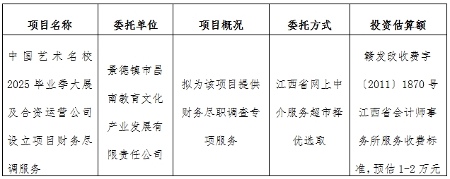 中國藝術(shù)名校2025畢業(yè)季大展及合資運(yùn)營公司設(shè)立項(xiàng)目財(cái)務(wù)盡調(diào)服務(wù)計(jì)劃公告