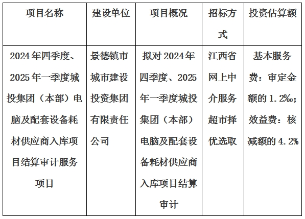2024年四季度、2025年一季度城投集團(tuán)（本部）電腦及配套設(shè)備耗材供應(yīng)商入庫項(xiàng)目結(jié)算審計(jì)服務(wù)項(xiàng)目計(jì)劃公告